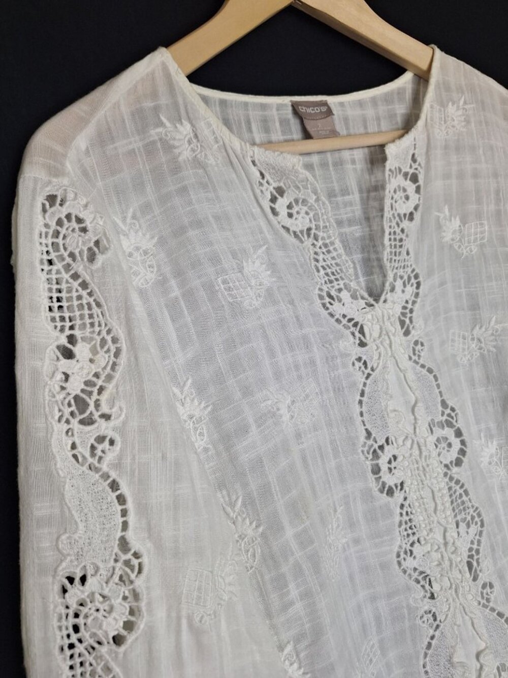 💙 Chico’s Oversized Size L/XL White Embroidered Lace Tunic Blouse Cotton Boho - Picture 4 of 8